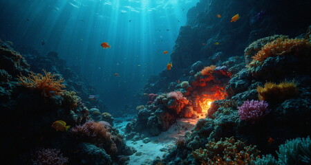 Fototapeta premium Podwodny świat raf koralowych w okolicach aktywnych sejsmicznie. Widoczne pęknięcia skał z wypływem gorącej magmy. Widzimy kolorowe rybki i stworzenia wodne. 