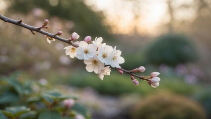 Spring blossoms on a branch during golden hour in a tranquil garden.