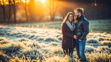 Happy Young Couple in a Winter Meadow with Green and Yellow Grass






