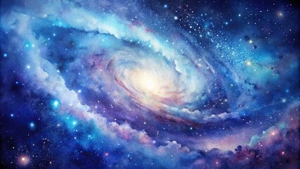 Watercolor galaxy painting with swirling blues, purples, and whites dotted with tiny stars