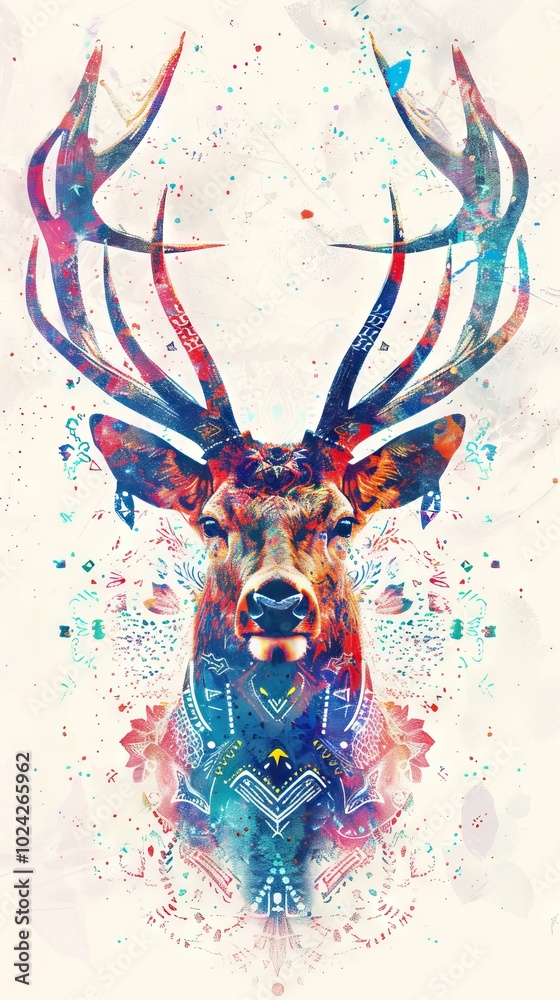 Sticker Deer head in double exposure with vibrant tribal patterns.