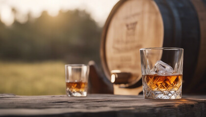 Fototapeta premium A frosted whisky glass rests on a wooden barrel beside an unbranded, unwritten whisky bottle, with ample copy space.