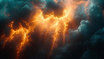 A dramatic display of fiery lightning cutting through dark clouds, creating a striking visual contrast and intense atmosphere.