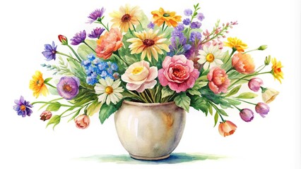 Watercolor illustration of blooming flowers in a ceramic vase silhouette