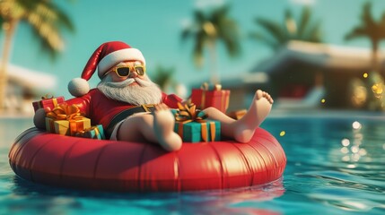 Santa claus relaxing on inflatable raft in swimming pool with christmas gifts