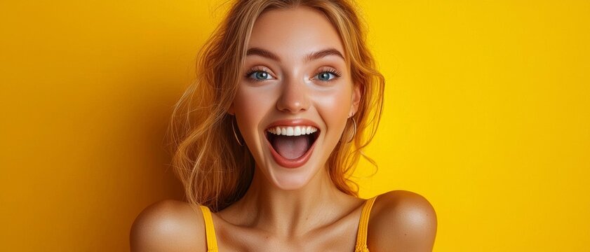 A joyful young woman smiles with excitement against a vibrant yellow background, radiating happiness and positivity.