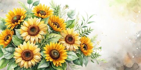 Obraz premium watercolor illustration of high angle sunflower bouquets with greenery