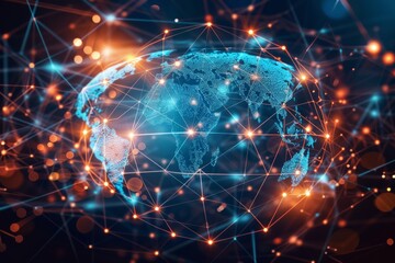 Digital world map with glowing nodes and lines illustrating global network connections and data exchange.