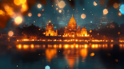 Obraz premium Diwali background with a blend of traditional decorations and modern cityscape in double exposure.