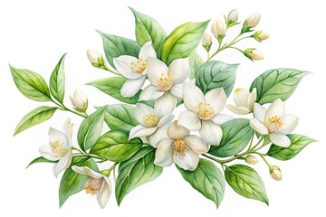 Obraz premium Watercolor jasmine clipart with white flowers and green leaves on white background