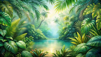 Fototapeta premium watercolor illustration of tropical jungle scenery with blurred background