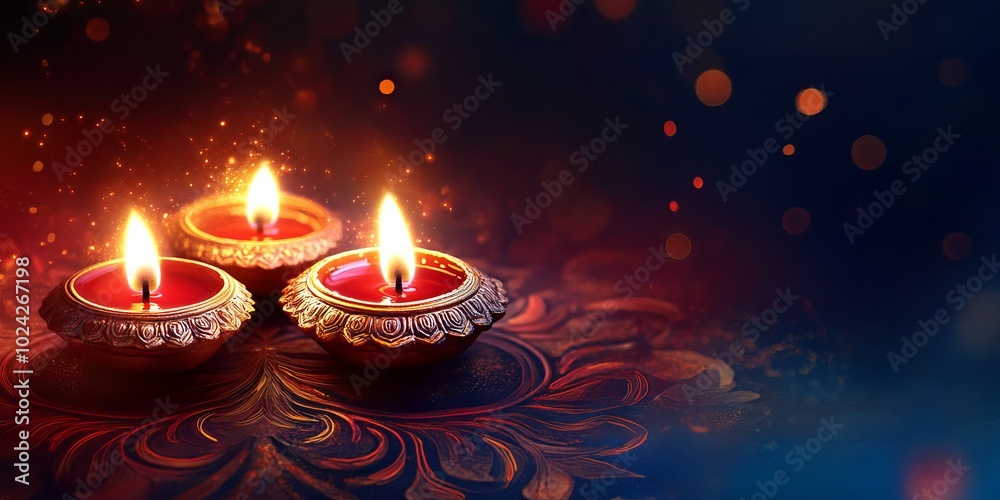 Poster Three traditional oil lamps with glowing flames, set against a vibrant and festive background, perfect for Diwali celebrations.