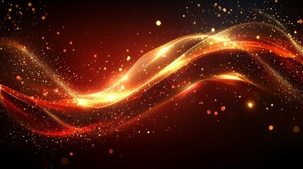 Obraz premium Abstract glowing red and gold wave with sparkle particles on dark background.