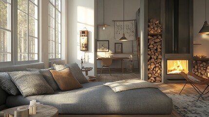 Rustic Scandinavian living room with a grey daybed sofa facing a fireplace, creating a blend of modern luxury and cozy comfort.