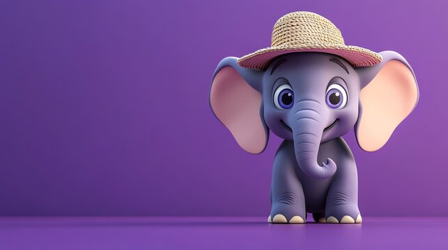 Cute cartoon elephant wearing a straw hat on a purple background.