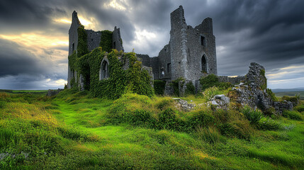 The ruins of an old Irish castle, overgrown with greenery, set against a dramatic cloudy sky, soft light casting shadows over the stonework, evoking a sense of history and mystery
