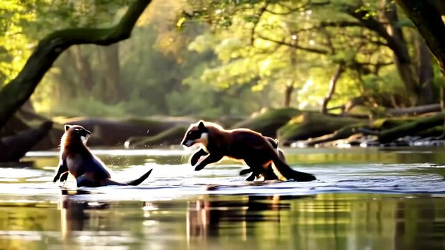Three otters frolic in a clear, shallow river, their fur glistening in the morning sunlight