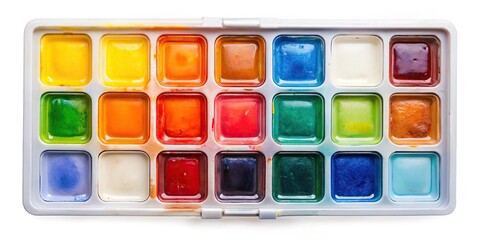 Watercolor paint tray on a white background extreme close-up