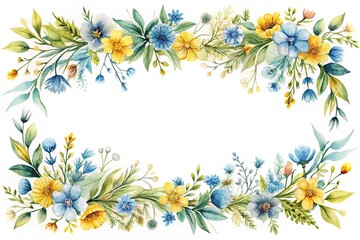 Obraz premium Watercolor painted floral strip frame on white background with blue and yellow wild flowers, branches, leaves, and twigs close-up
