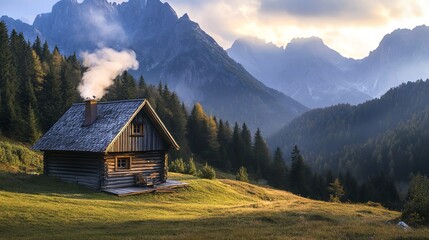 A wooden cabin with smoke rising from its chimney sits on a hill overlooking a valley with mountains in the background.