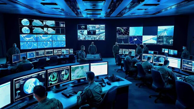 A group of military personnel are working in a command center, monitoring the situation on multiple screens.
