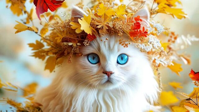 秋色に彩られた木々の花冠を被った美形の猫