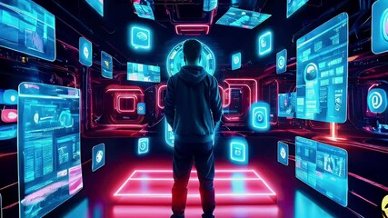 A man standing in a virtual reality space with glowing social media icons. - Powered by Adobe