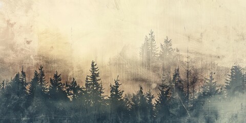 A serene abstract forest landscape featuring misty trees and a vintage texture, perfect for nature-themed designs and backgrounds.