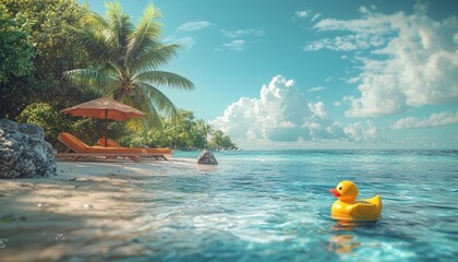 Fototapeta premium A tranquil beach scene featuring a floating rubber duck, sunbed, and palm trees under a bright blue sky.
