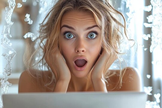 A surprised young woman reacting to something astonishing on her laptop, showcasing shock and wonder in her expression.