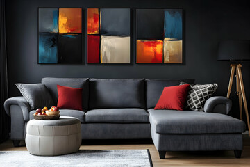 Abstract Paintings on Dark Wall with Grey Sofa and  Red Pillows - Illustration