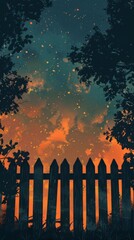 A wooden fence with a dark sky background and stars. The sky is orange and the stars are scattered throughout