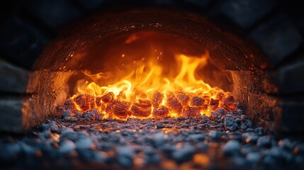 A close-up view of a brick oven with burning embers and flames.