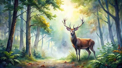 watercolor painting of a majestic deer in forest