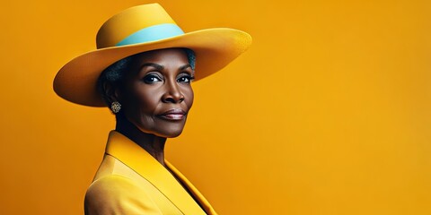 elegant fashion, older black woman, colorful style, solid background
