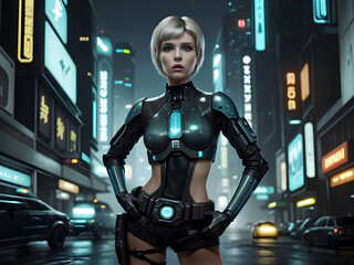 Woman with short blonde hair in Sci-Fi futuristic city at night