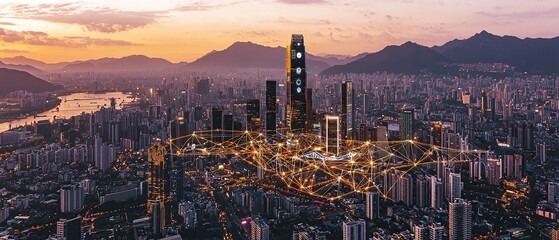 Fototapeta premium Aerial view of a cityscape at sunset with a network of glowing lines connecting the buildings.