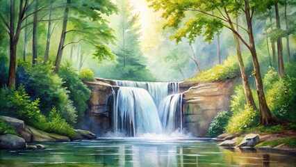 Watercolor painting of a silhouette waterfall in a forest setting