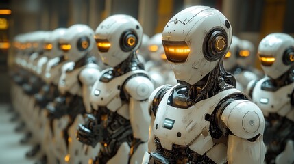 Fototapeta premium A line of humanoid robots with glowing eyes stand in a factory setting.