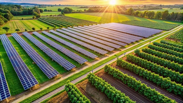 Close-up image of agrivoltaics on farmland combining solar panels and crops with renewable energy generation