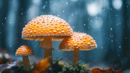 Vibrant orange mushrooms in snowy forest, soft-focus background, magical atmosphere.
