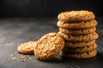 Close-up image of oatmeal cookies on dark background with empty space