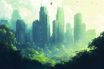 Futuristic Cityscape Illustration with Green Trees