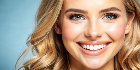 Obraz premium A Beautiful Healthy Smile of a Young Woman on Light Blue Background