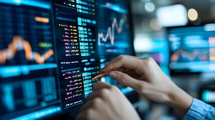 Transparent holographic screens showcasing an innovative financial data visualization with a captivating blue neon glow representing the cutting edge of technology and digital finance