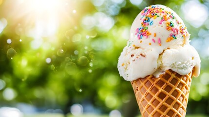 Delicious ice cream cone with a scoop of creamy sweet ice cream topped with a vibrant array of colorful sprinkles on a bright sunny summer day