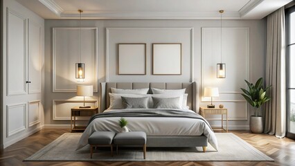Fototapeta premium Close-Up luxury bedroom white wall with posters frames