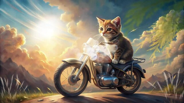 cat on a motorbike on the edge of a hill with a clear sky and mountains in the background