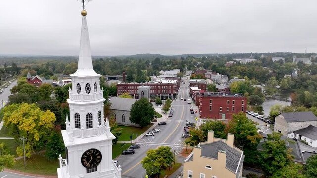 aerial Middlebury Vermont over church steeple