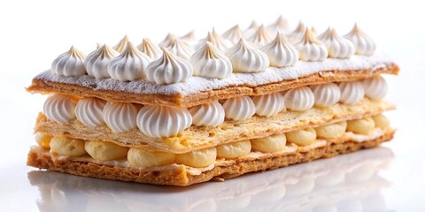 Close-up mille feuille dessert with meringue on white background